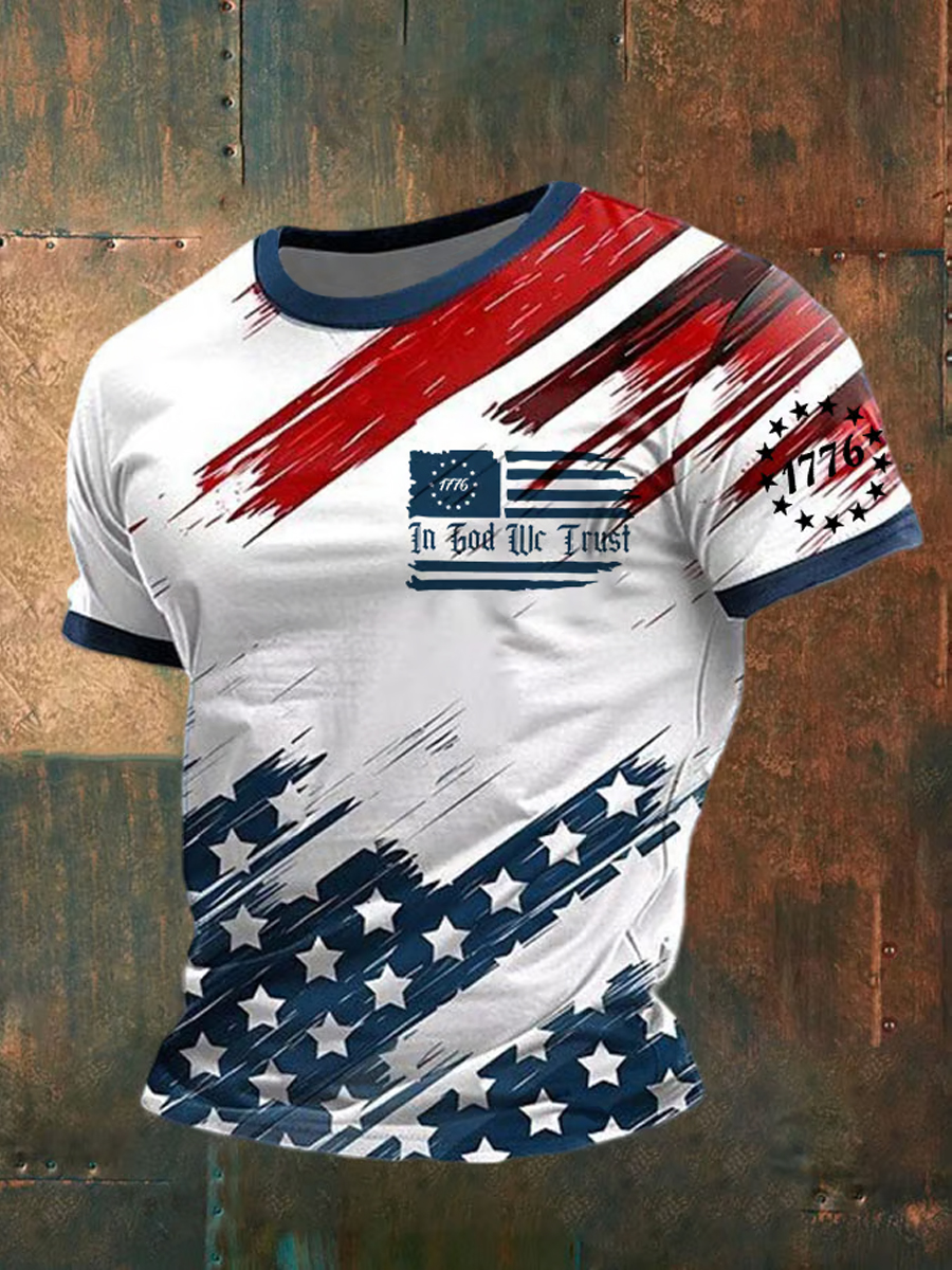 Men's In God We Trust Faith Cross Flag Printed Short Sleeve T-shirt