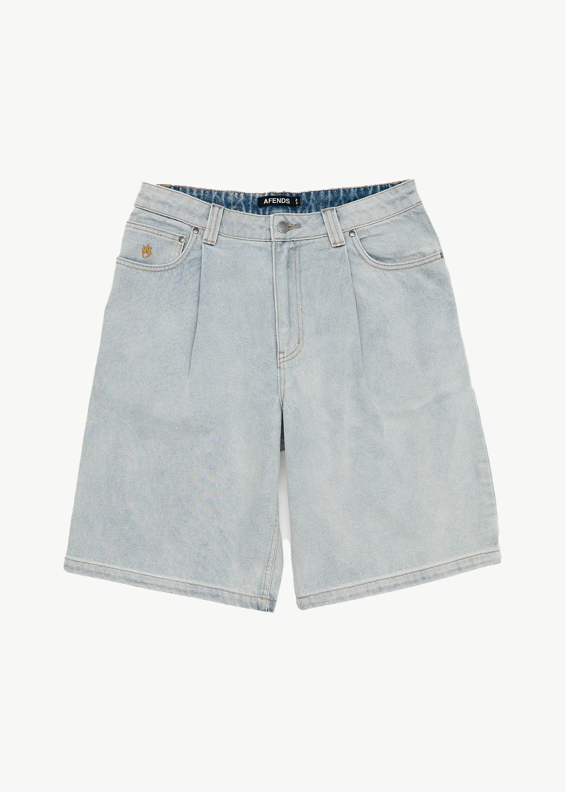 AFENDS Mens Fast Forward - Denim Ultra Baggy Pleated Short 24 Inch - Stone Blue