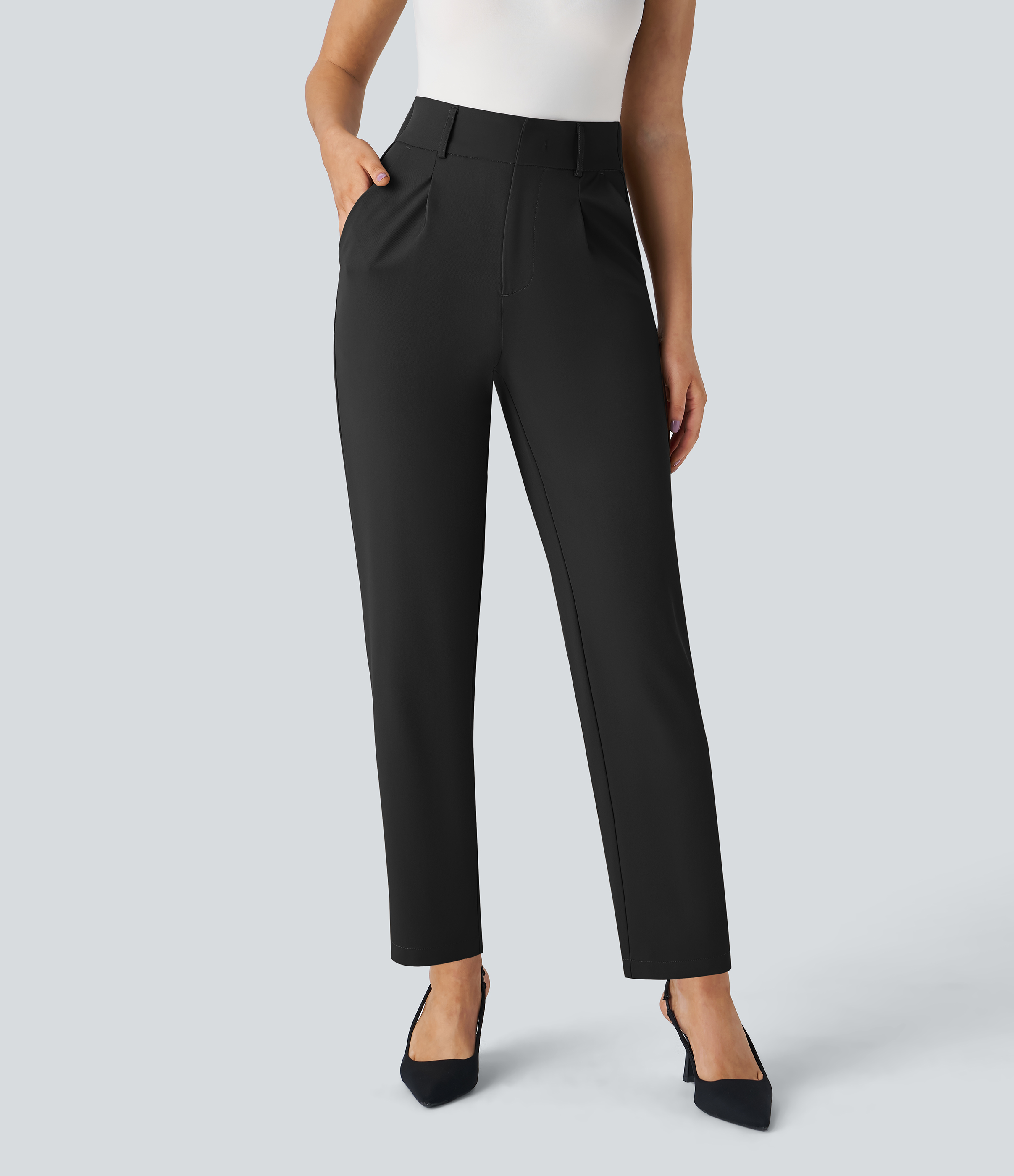 High Waisted Pocket Solid Work Tapered Pants