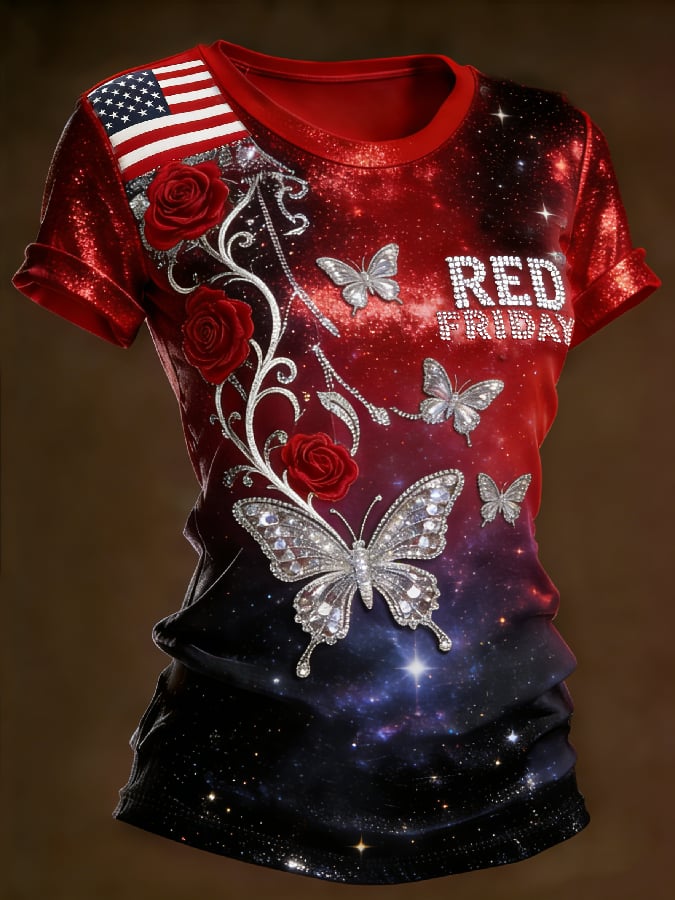 Women's Casual Red Friday Print Short-Sleeve T-Shirt