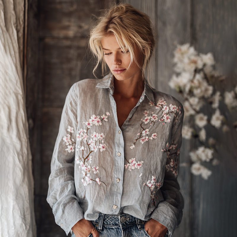 Women's Vintage Plum Blossom Embroidered Floral Linen Long Sleeve Shirt