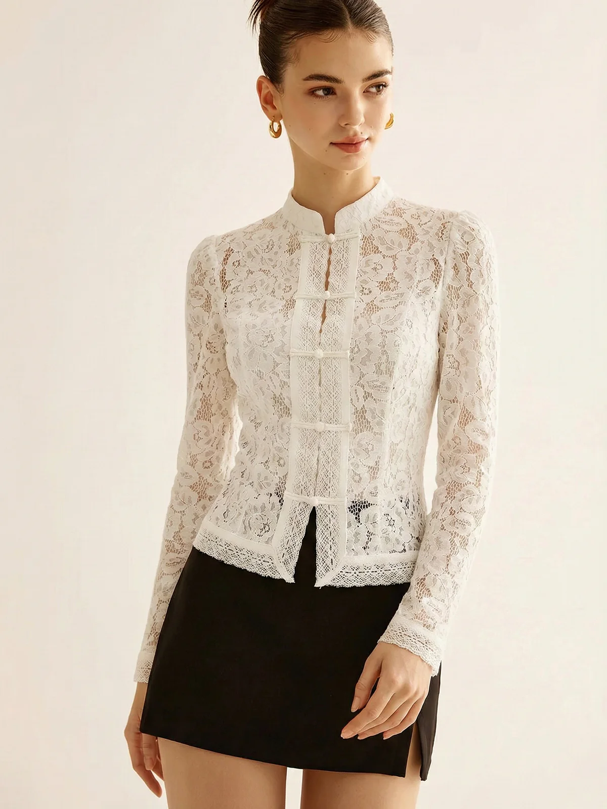 Frog Closure Lace Mandarin Collar Blouse