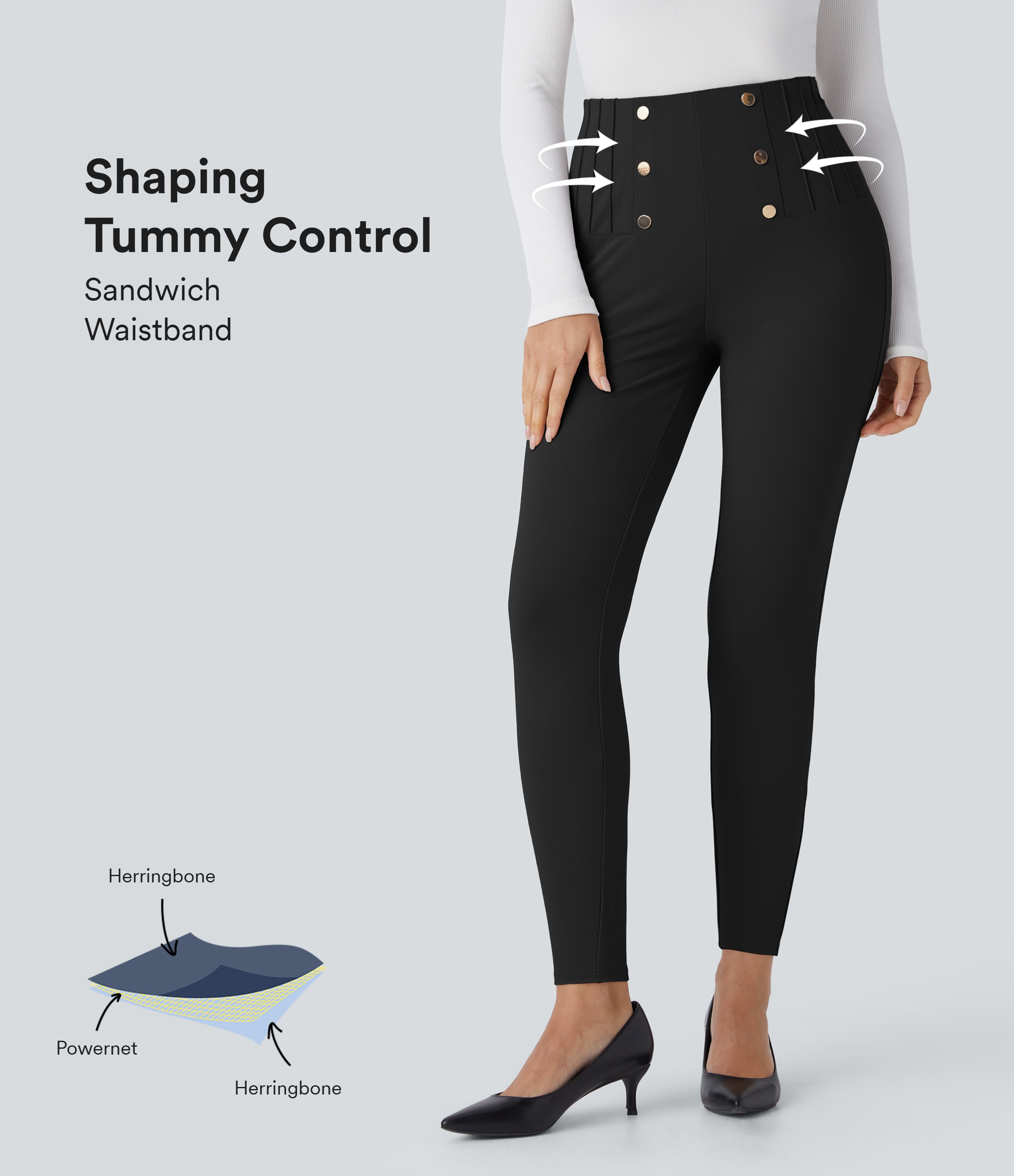 High Waisted Tummy Control Decorative Back Zipper Pockets Herringbone Work Leggings