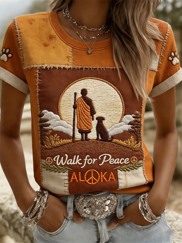 Walk For Peace Aloka & Monk Landscape Patchwork T Shirt