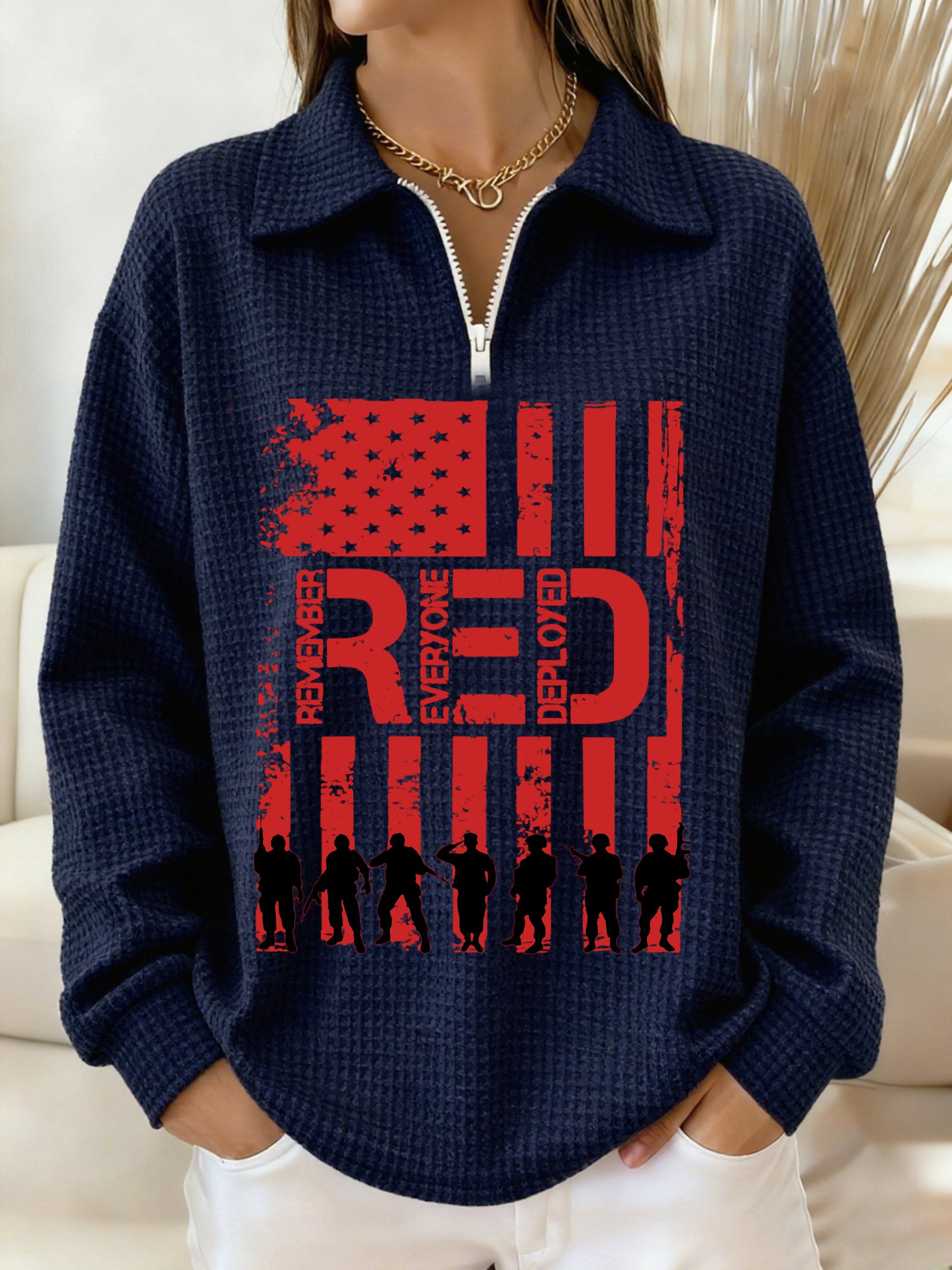Women's Friday Let's Wear Red Remember All Veterans Print Waffle Lapel Top