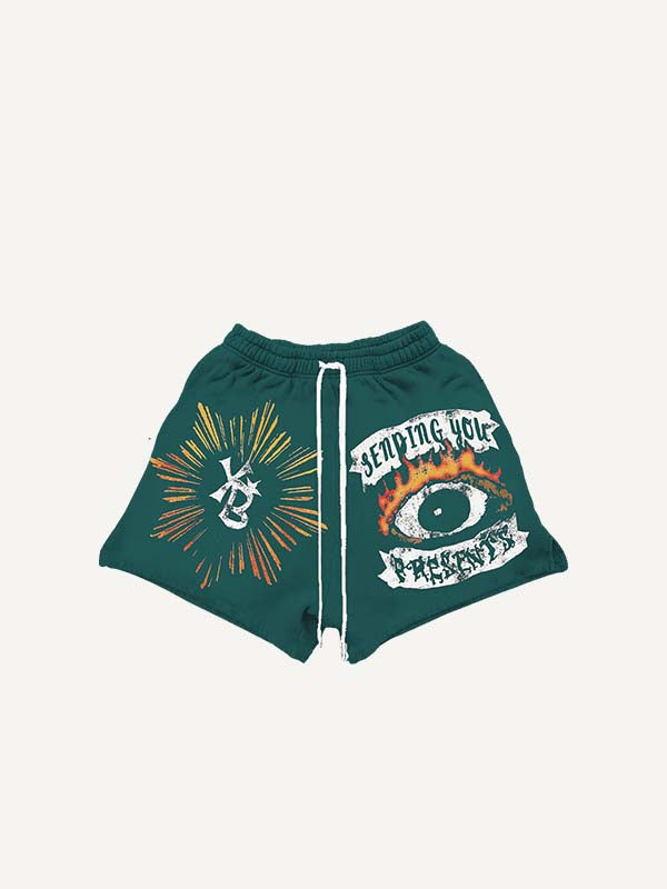 Eye&Fire&Graphic&Letter Print Drawstring Waist Shorts