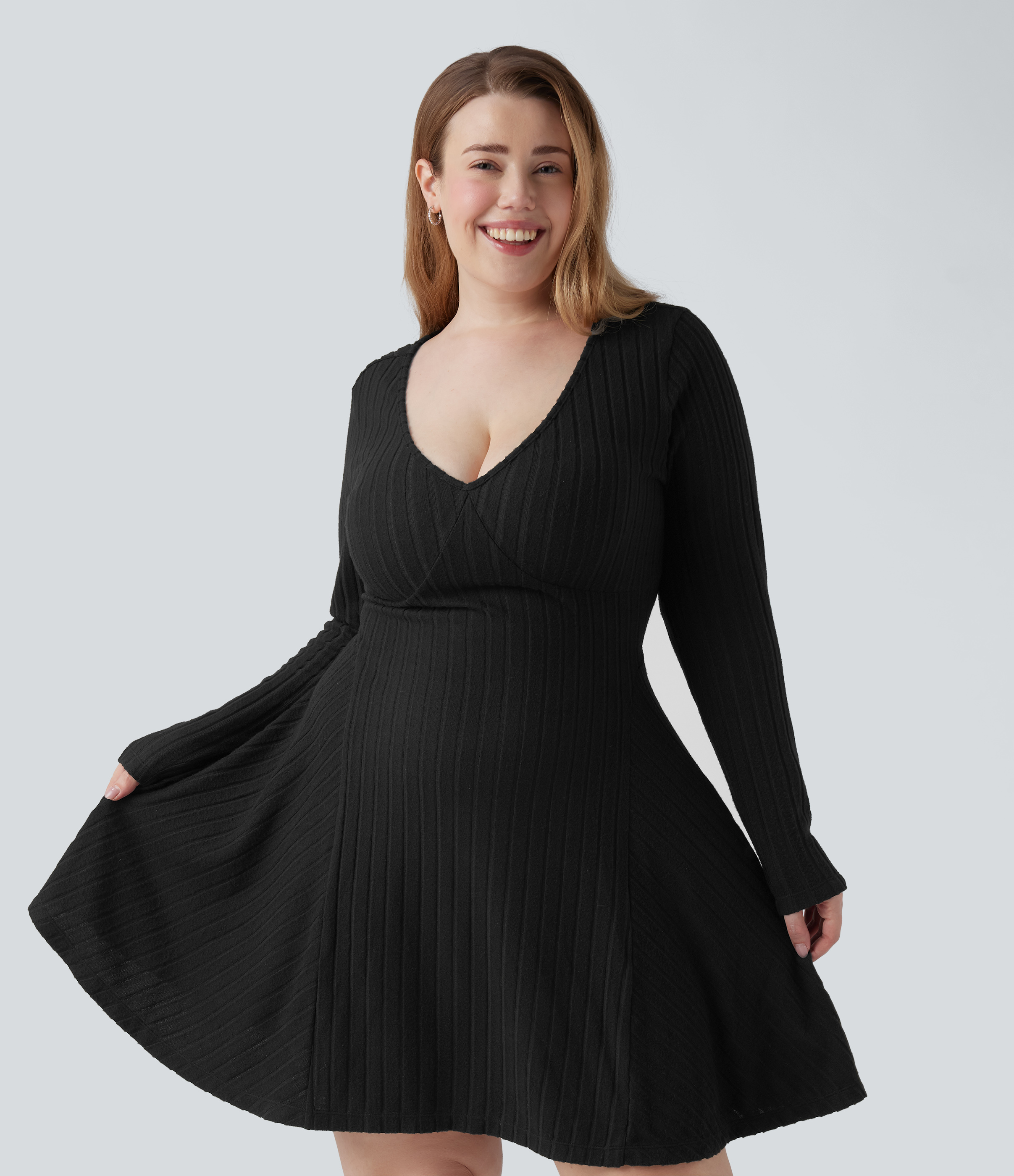 Ribbed Knit V Neck Long Sleeve Flare Mini Casual Plus Size Dress