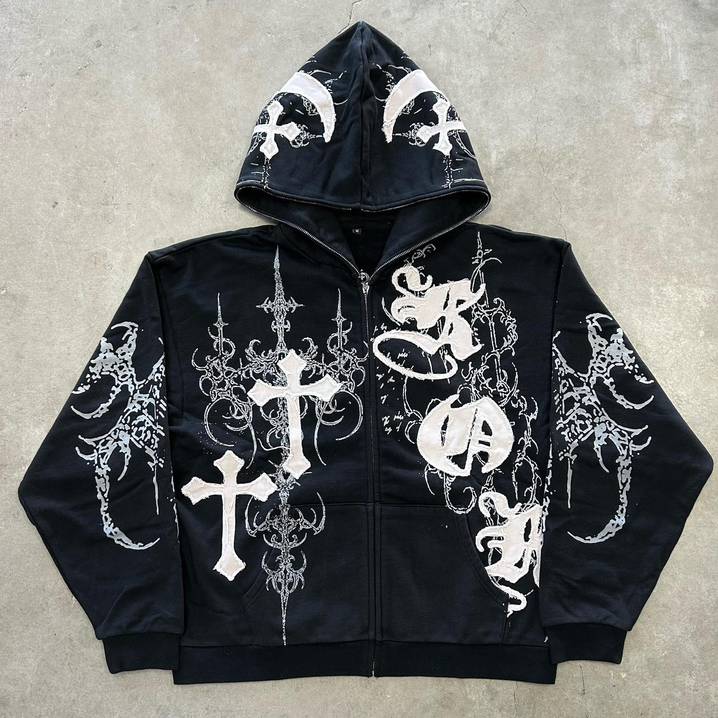 Cross appliqué printed zip-up hoodie