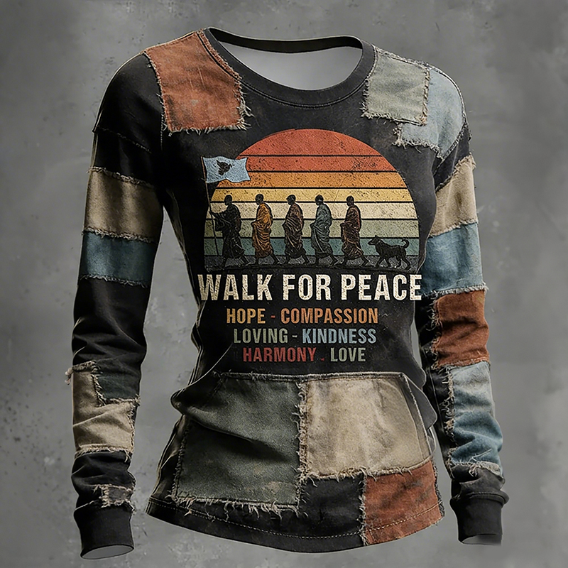 Walk For Peace Artistic Patchwork Print Women's Comfortable Tops