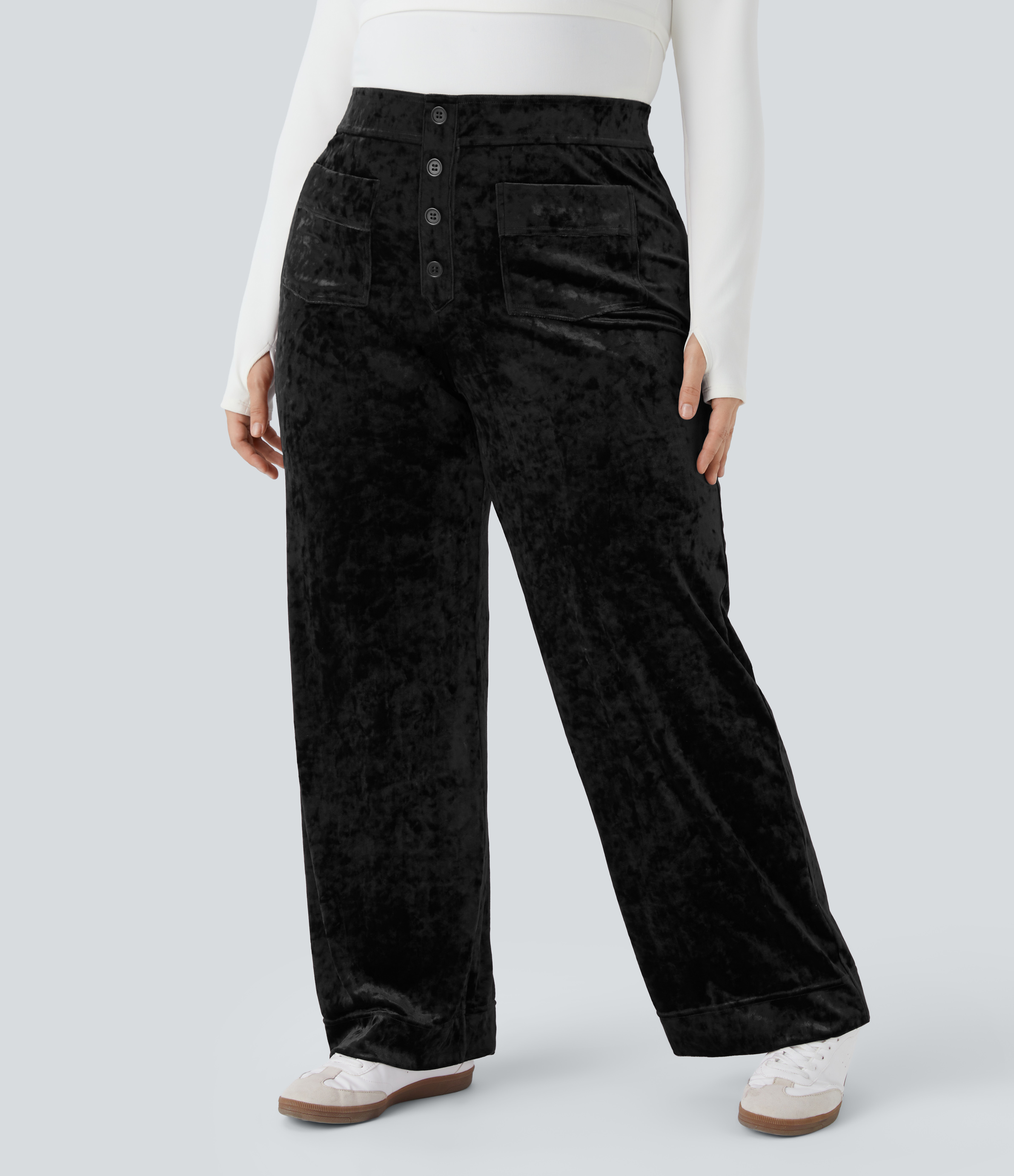 High Waisted Pockets Straight Leg Velvet Casual Plus Size Pants