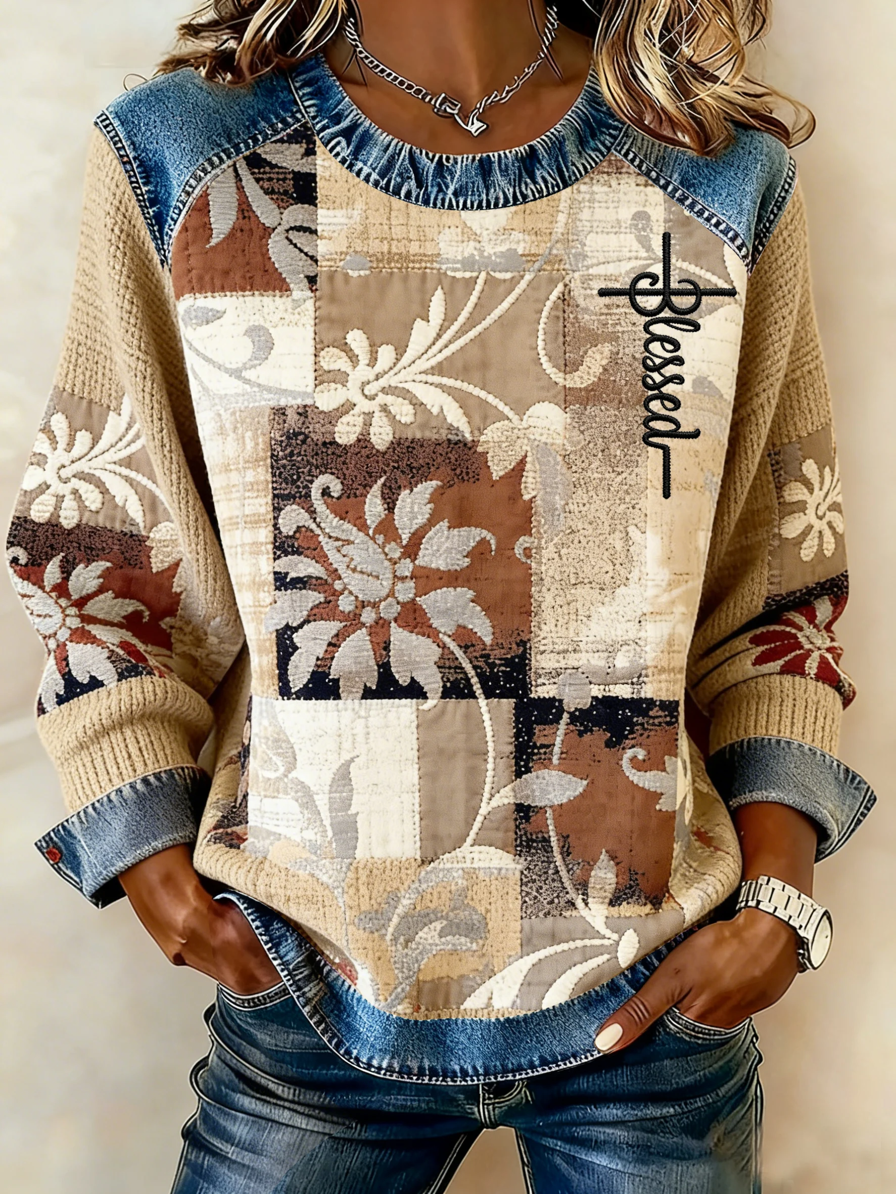 Women's Winter Western Pattern Print Crew Neck Top-Fast Shipping