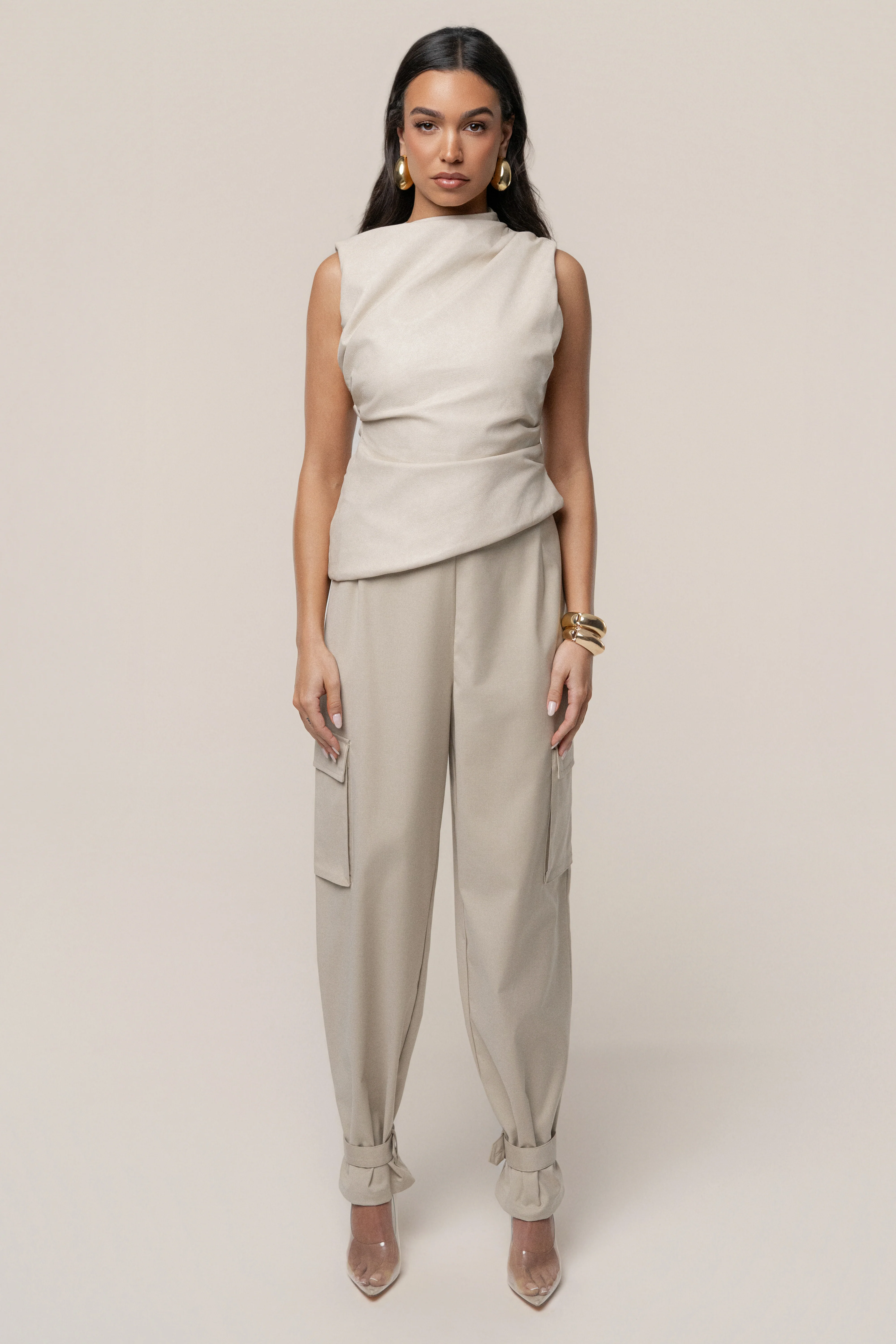 Beige Sleeveless Mock Neck Top