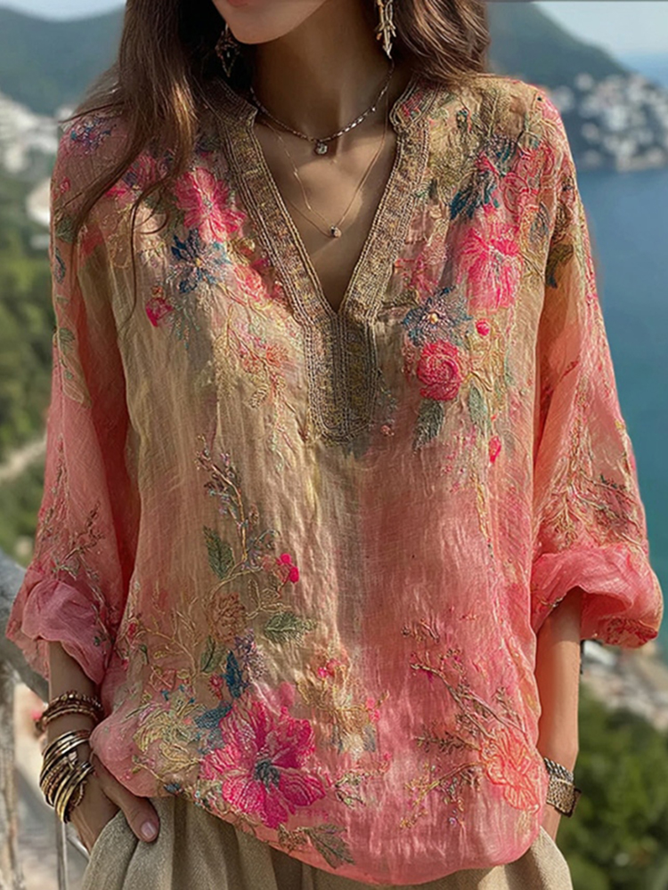 Women's Floral Embroidery Linen V-neck T-shirt