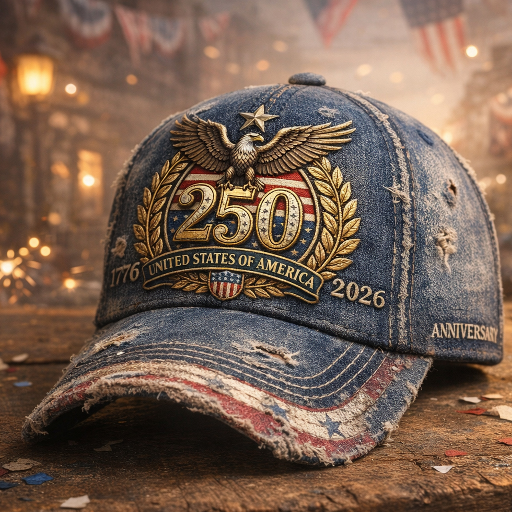 Vintage USA 250th Anniversary Baseball Cap – Distressed Denim Embroidered Eagle Hat 1776-2026 Patriotic Commemorative Cap
