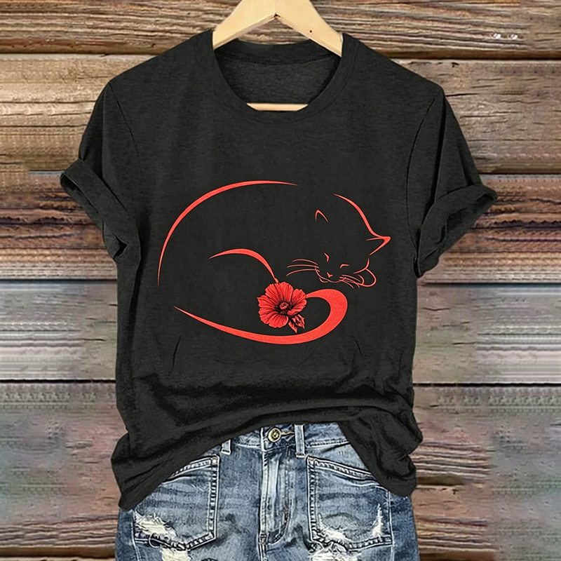 Women's Memorial Day Poppy Cat Art Printed T-Shirt
