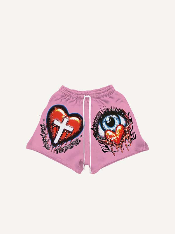 Eye&Heart&Cross&Letter Print Drawstring Waist Shorts