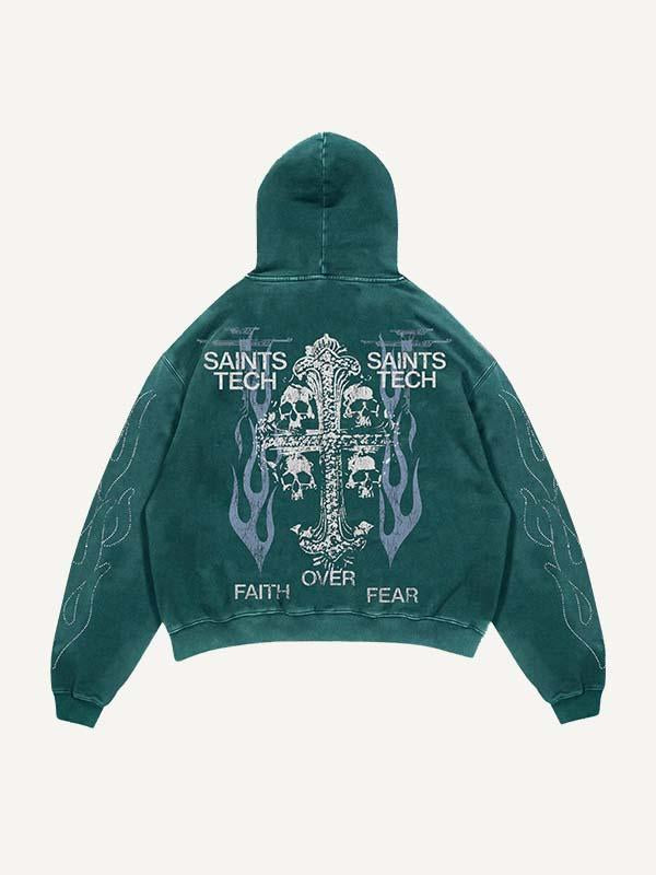 Skull&Cross&Letter Faux Rhinestones Print Slant Pockets Hoodie