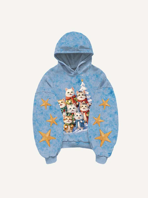 Tie-dye Cat Print Slant Pockets Hoodie