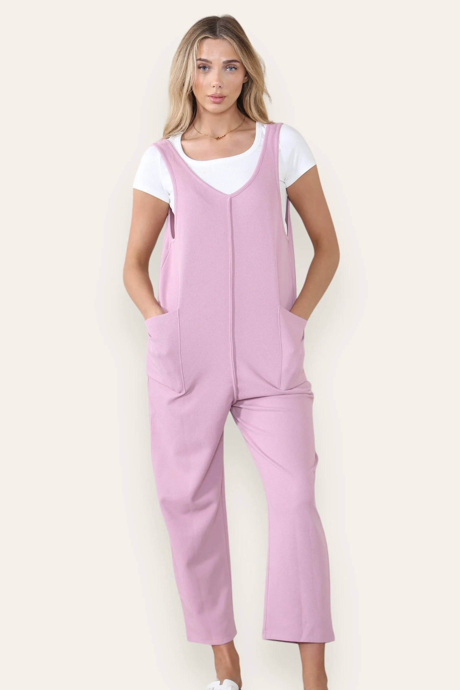 Athleisure Plain V Neck Sleeveless Pocket Baggy Jumpsuit