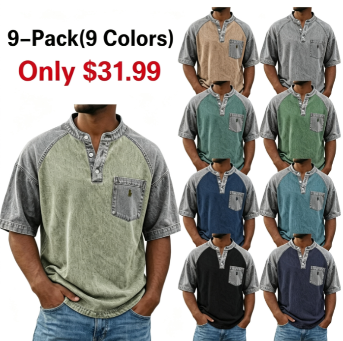 Men's Acid Wash Shirt Short Sleeve Color Block Patchwork