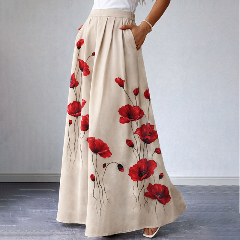 Women's Memorial Day Poppy Print Casual Wide-Leg Pants