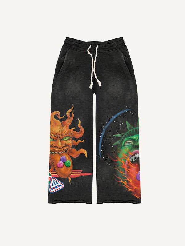 Evil Sun&Figure&Tongue&Graphic&Letter Print Elastic Waist Pants