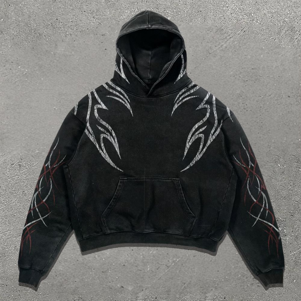Dark Gothic Red White Totem Pattern Black Hoodie