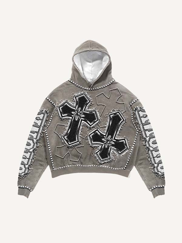 Cross&Wing&Letter Faux Decal Print Slant Pockets Hoodie