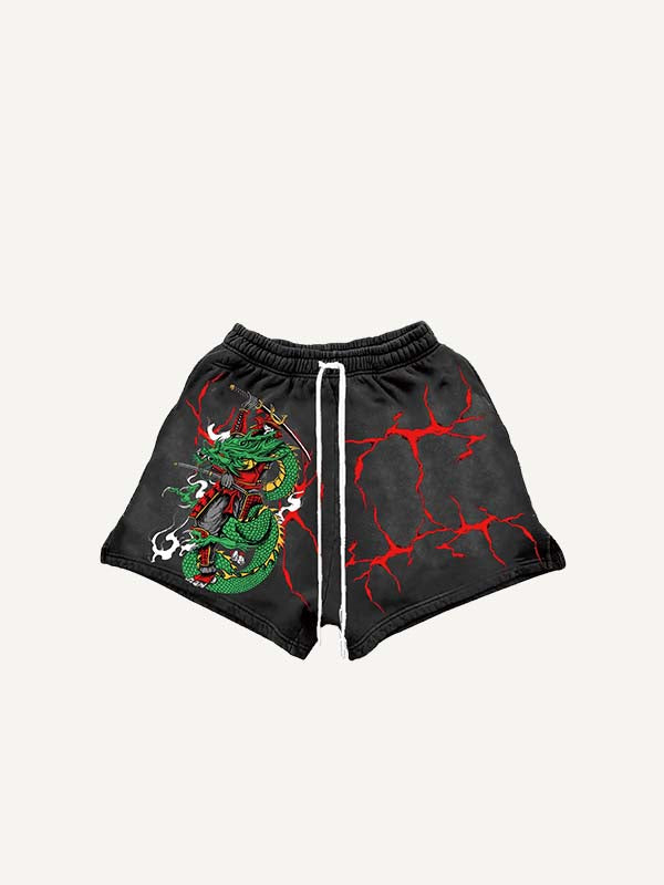 Warrior&Dragon&Letter Print Drawstring Waist Shorts