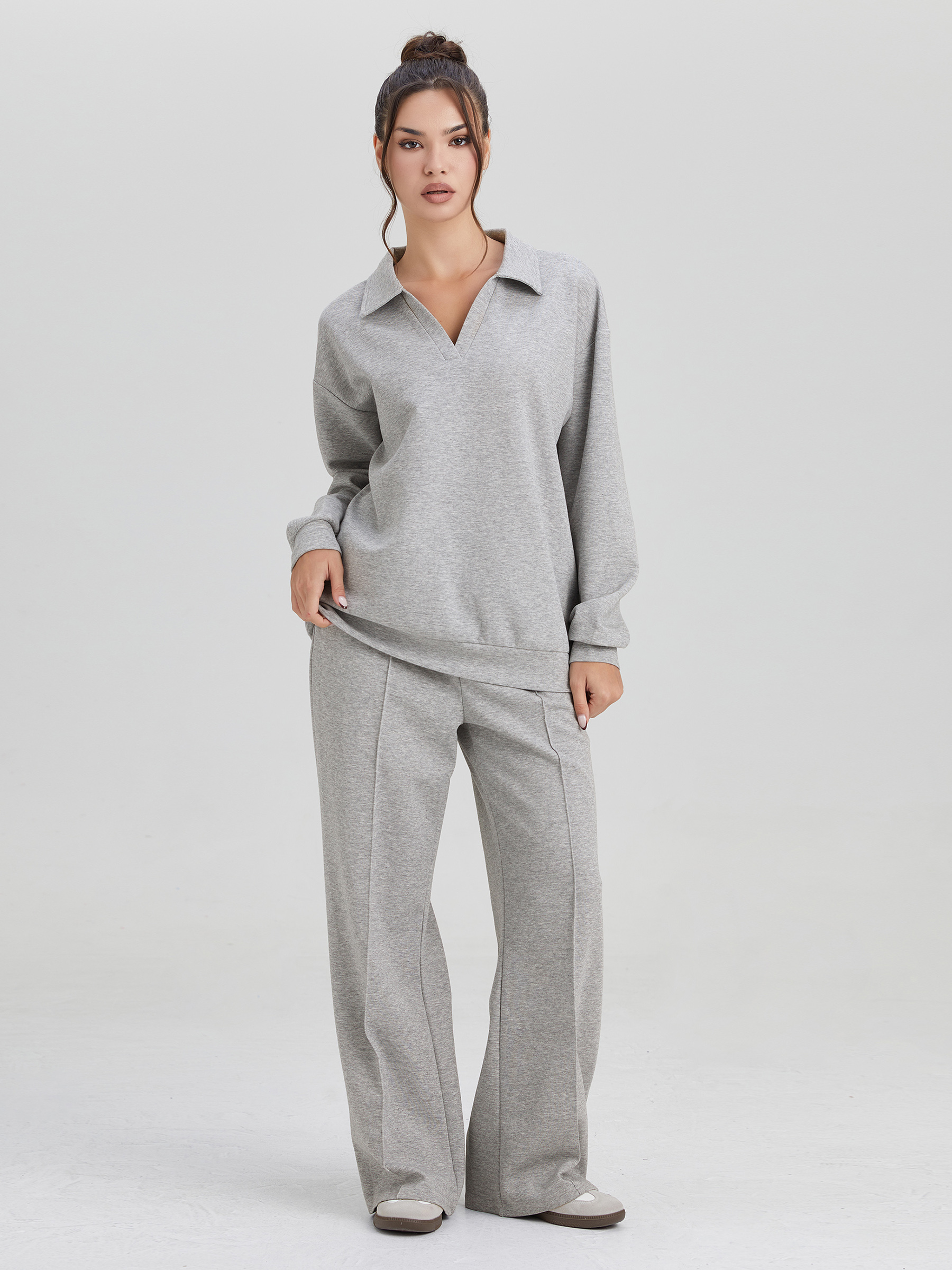 KatchMe Basic Soft Split-Neck Sweatshirt & Seam Wide Leg Trousers Co-ord