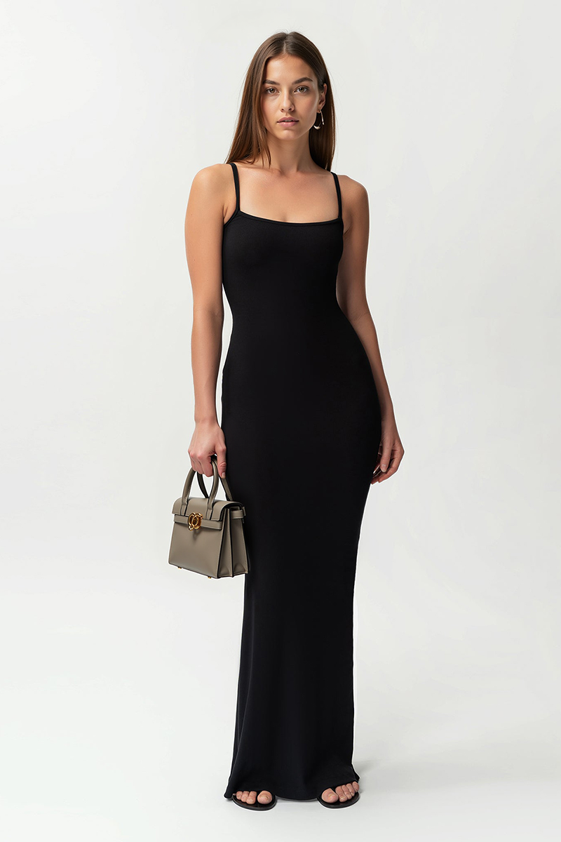 Elegant Solid Color Adjustable Strap Thin Waist Stretch Maxi Dress