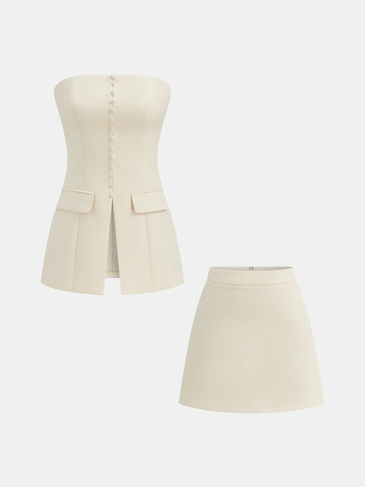 Strapless Button-Down Top & Mini Skirt Set