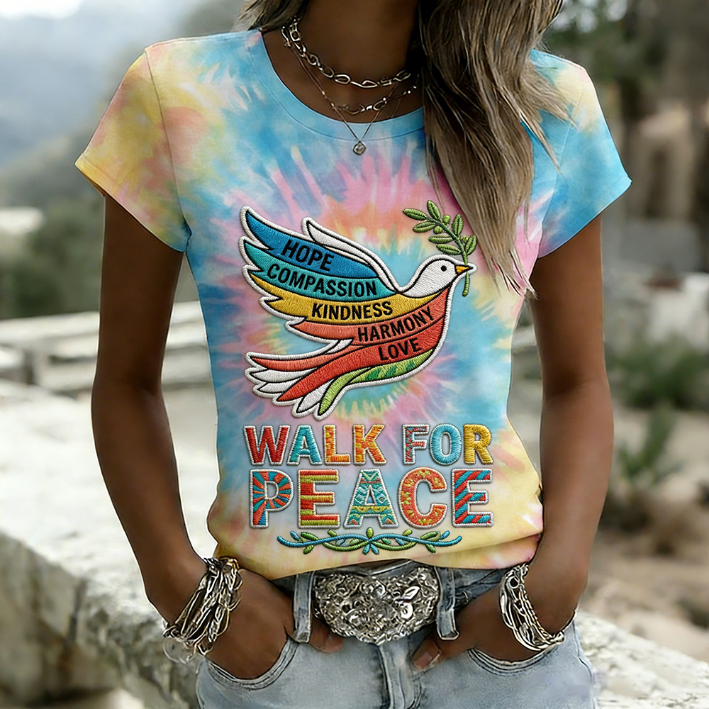 Walk For Peace Slogan Short Sleeve Tie Dye T Shirt