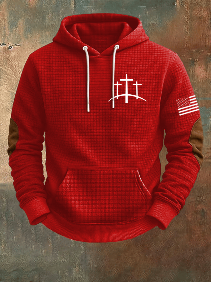 Men's Faith Print Checkered Fabric Hooded Sweatshirt