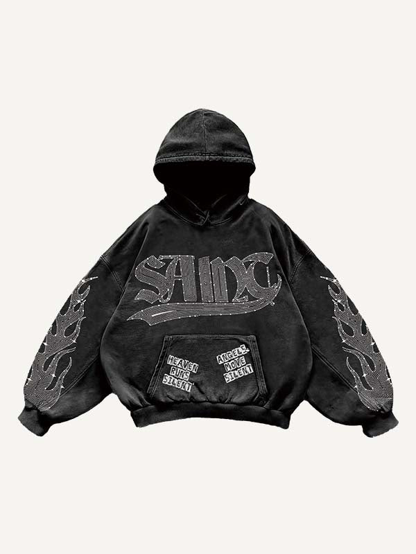 Angel&Fire&Letter Faux Rhinestones Print Slant Pockets Hoodie