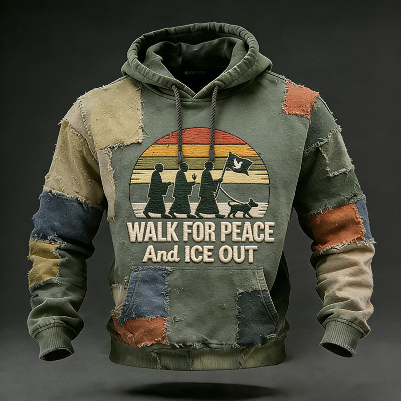 Love In Every Step Walk For Peace And Ice Out Artistic In Patchwork Art Print Distressed Hoodie