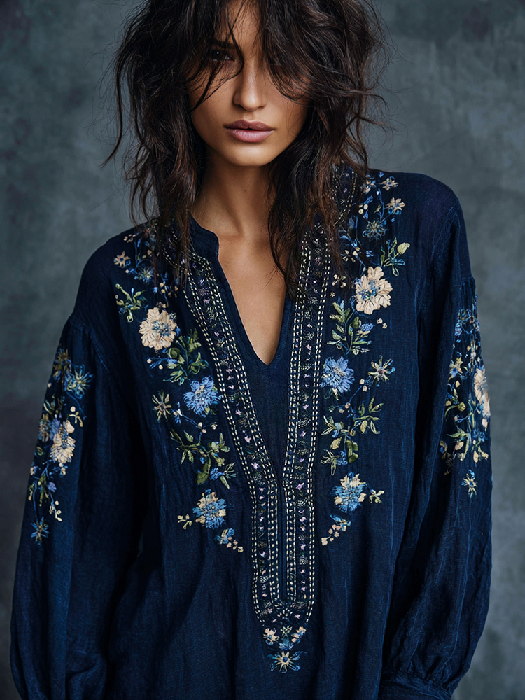 Women's Vintage Floral Embroidered Art Print Flowy Linen Blend Casual Tunic