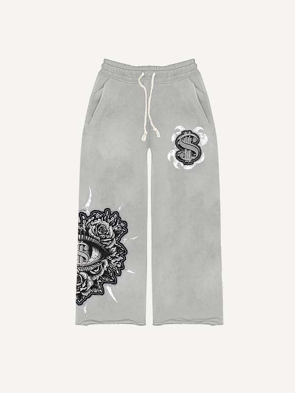 Money&Floral&Eye Faux Decal Print Elastic Waist Pants