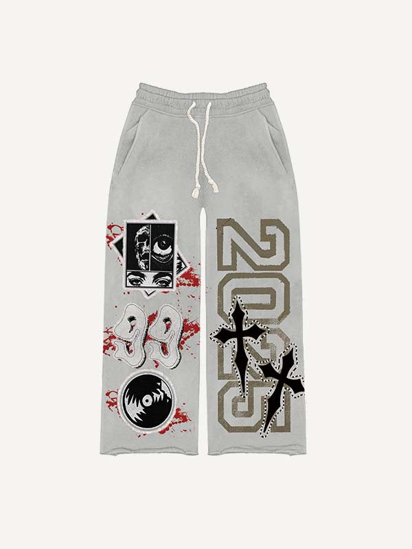 Cross&Eye&Graphic Faux Decal Print Elastic Waist Pants