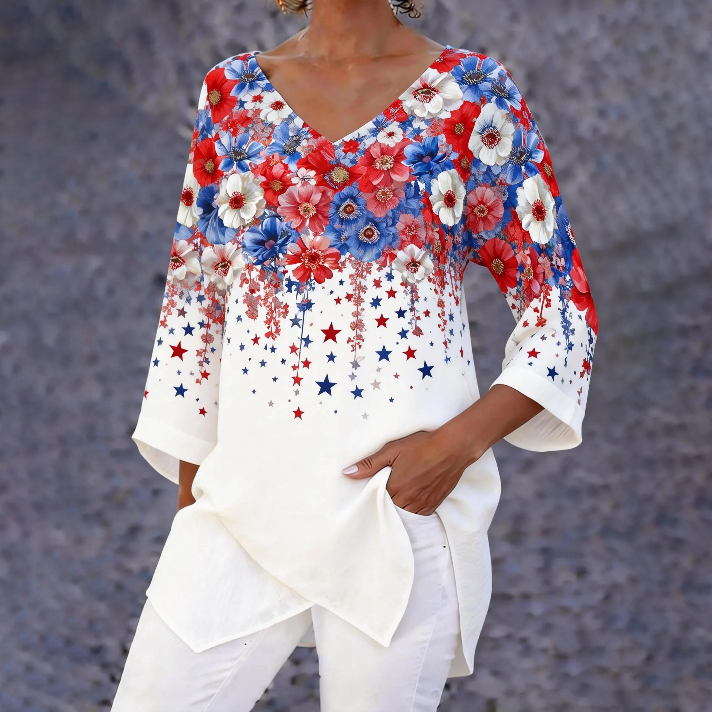 Women's casual red, blue and white floral cotton and linen top