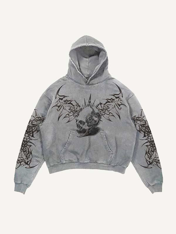 Skull Print Slant Pockets Hoodie