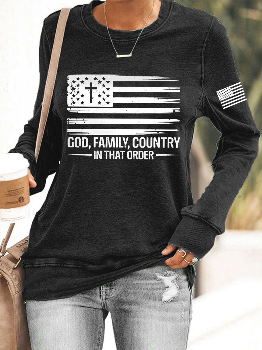 Women's God Family Country In That Order  Flag Print Sweatshirt