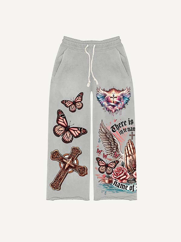 Jesus&Cross&Heart&Wing&Pray&Butterfly&Floral&Letter Print Elastic Waist Pants