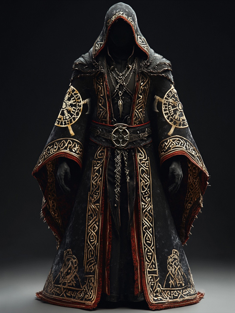 Men's Viking Compass Celtic Axe Embroidered Color-blocked Hooded Cloak