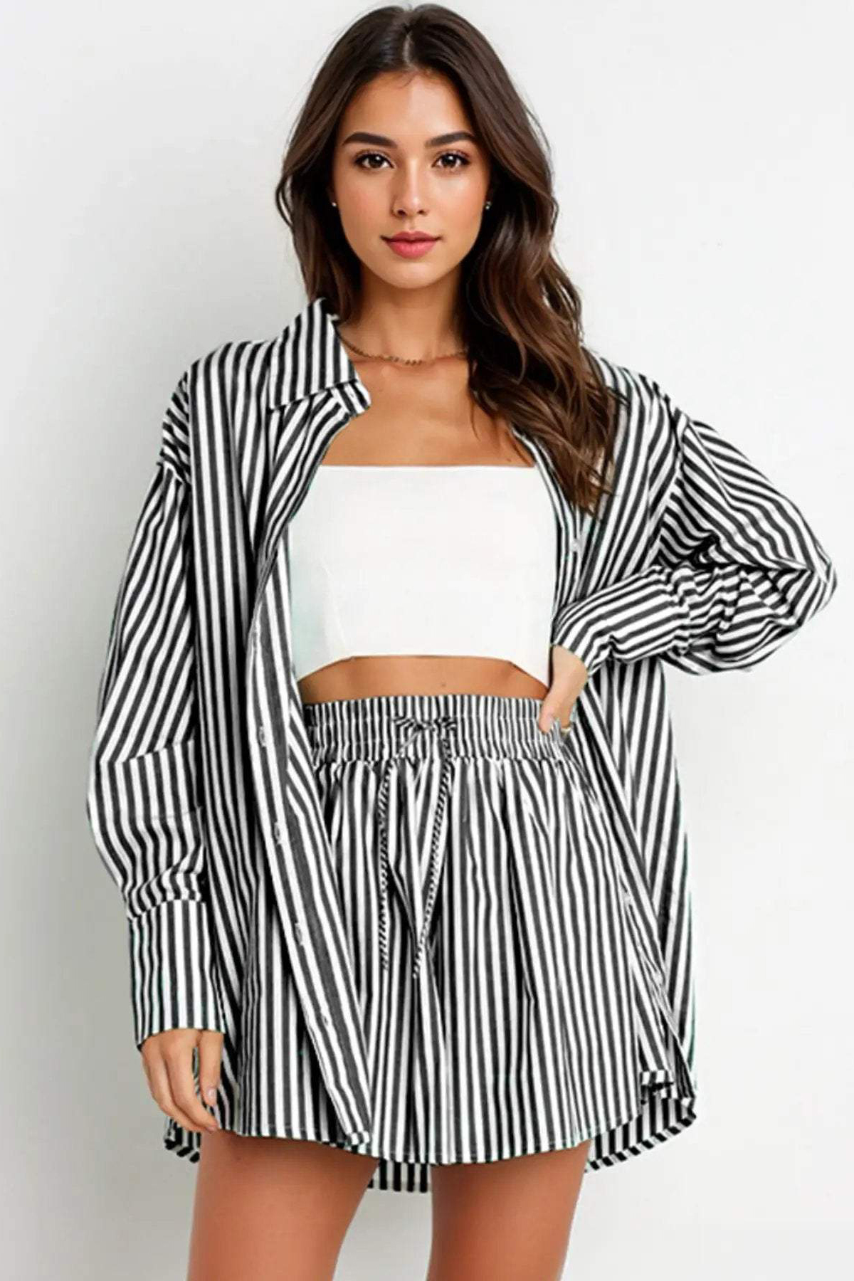 Casual Stripe Collared Button-Up Long Sleeve Shirt & Drawstring Waist Shorts Co-ord