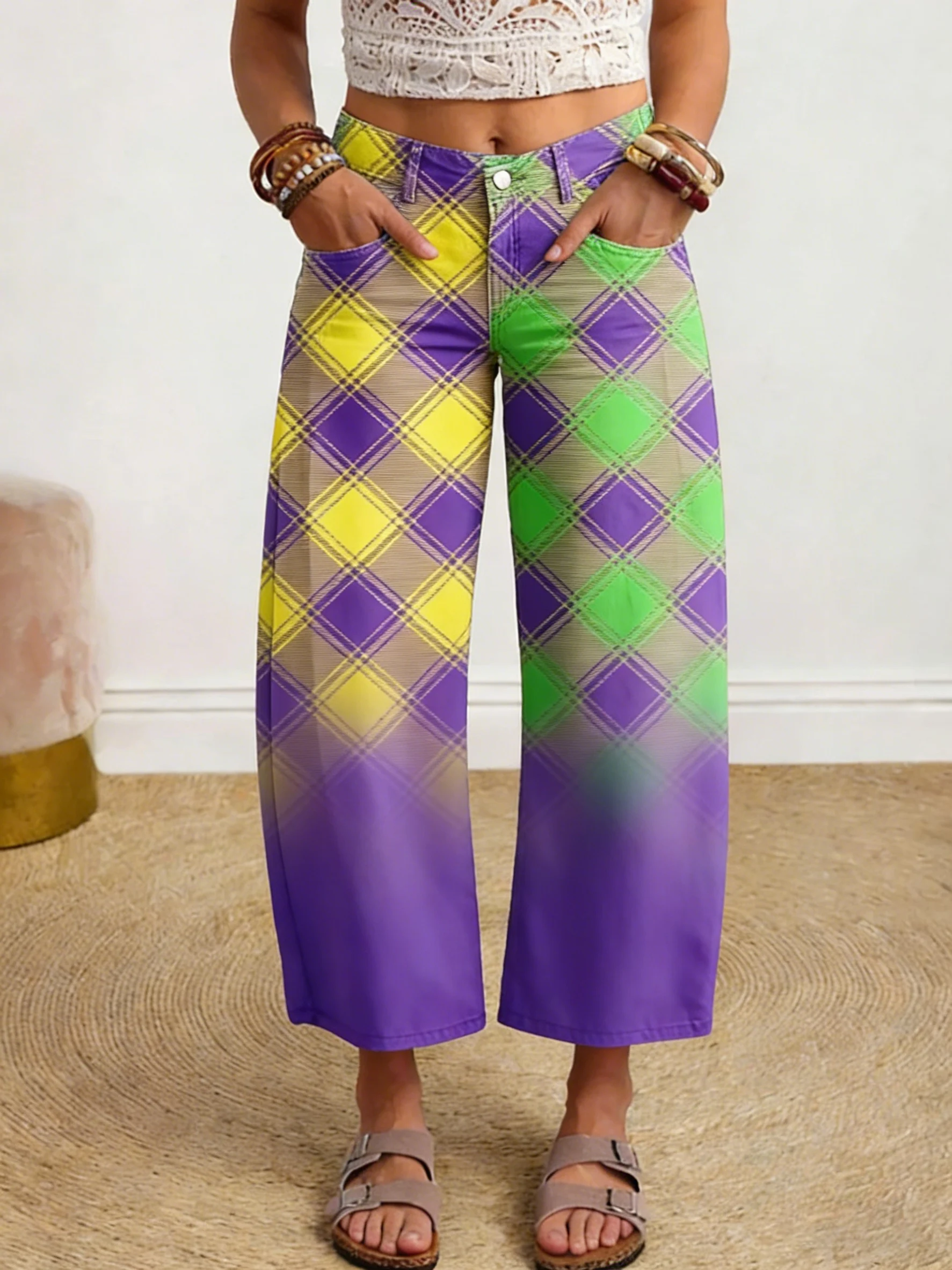 Women's Vintage Mardi Gras Print Wide Leg Trousers