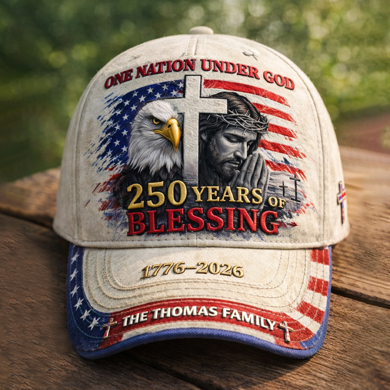 One Nation Under God 250 Years of Blessings 1776–2026 Patriotic Christian Embroidered Baseball Cap