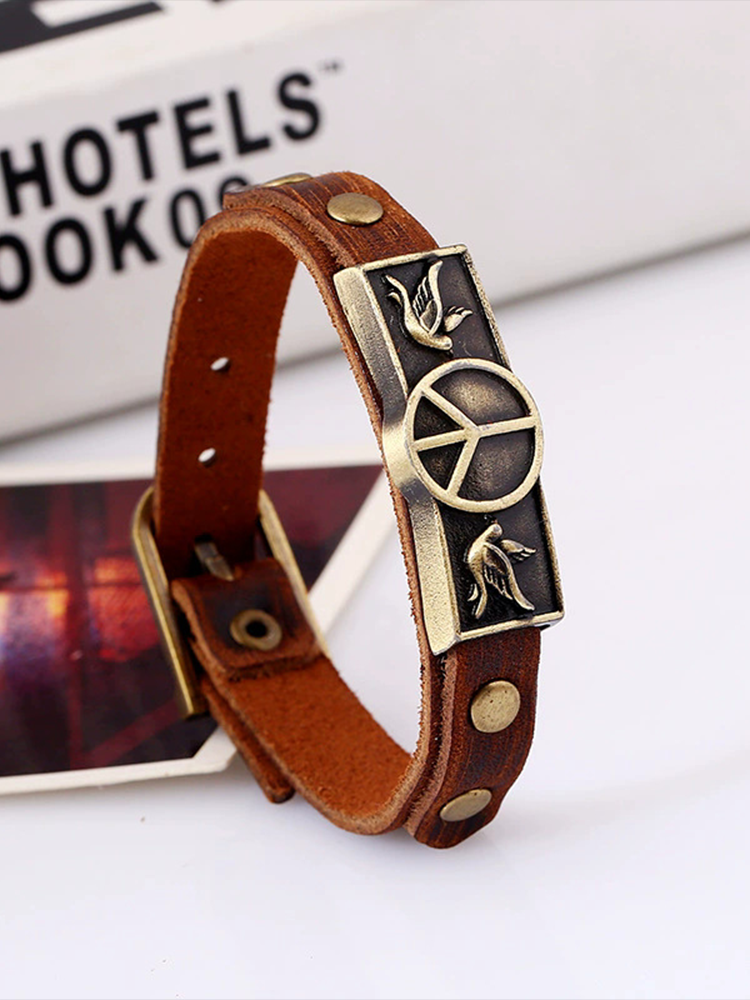 Retro Simple Peace Sign And Peace Dove Decoration Cowhide Leather Bracelet