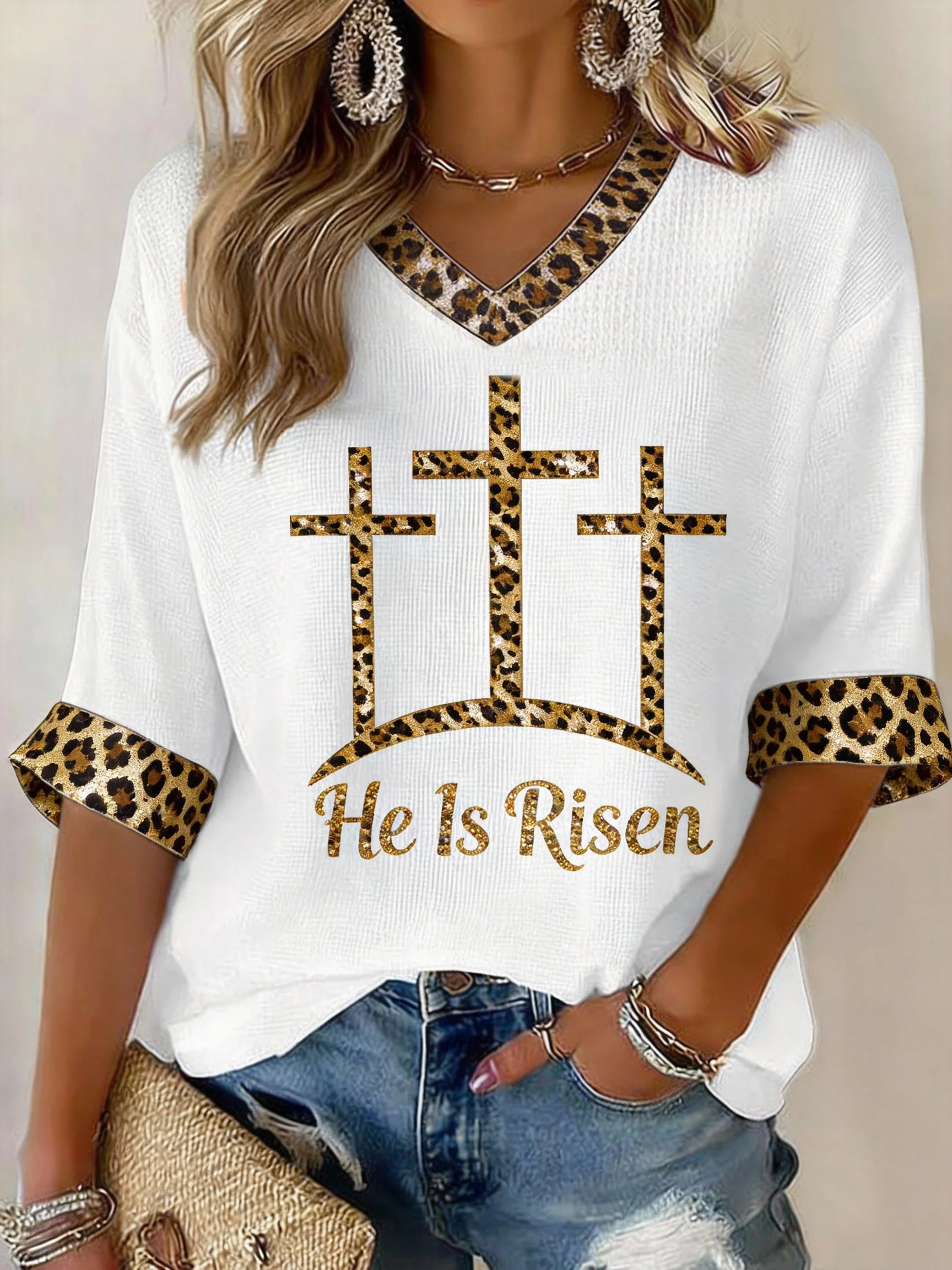 Women's Easter Three-Quarter Sleeve V-Neck Top