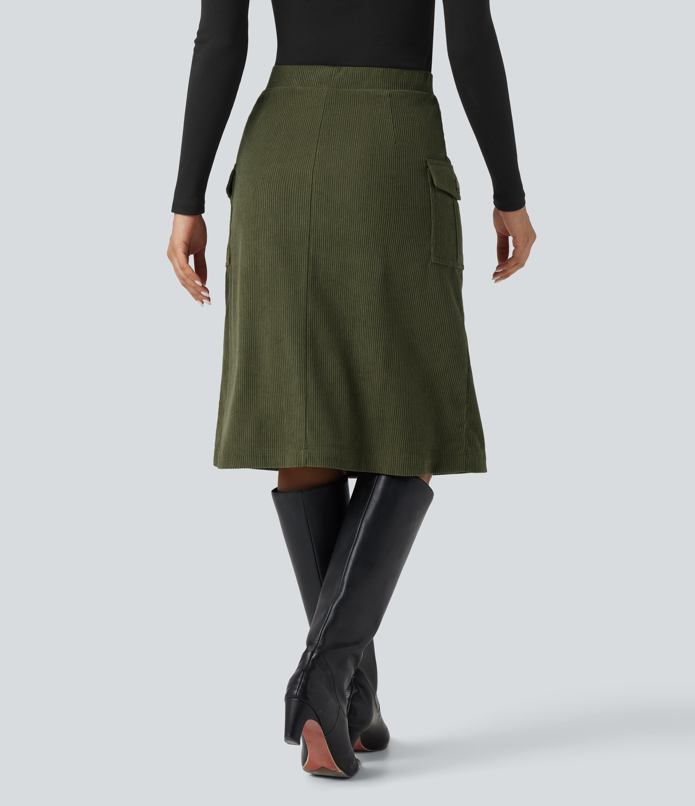 High Waisted A-line Corduroy Casual Midi Skirt with Pockets